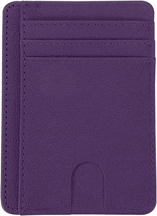 Minimalist Slim Wallet, Leather Front Pocket RFID Blocking Wallet Credit Card Holder Money Clip with ID Window for Men & Women, Dark Purple -
