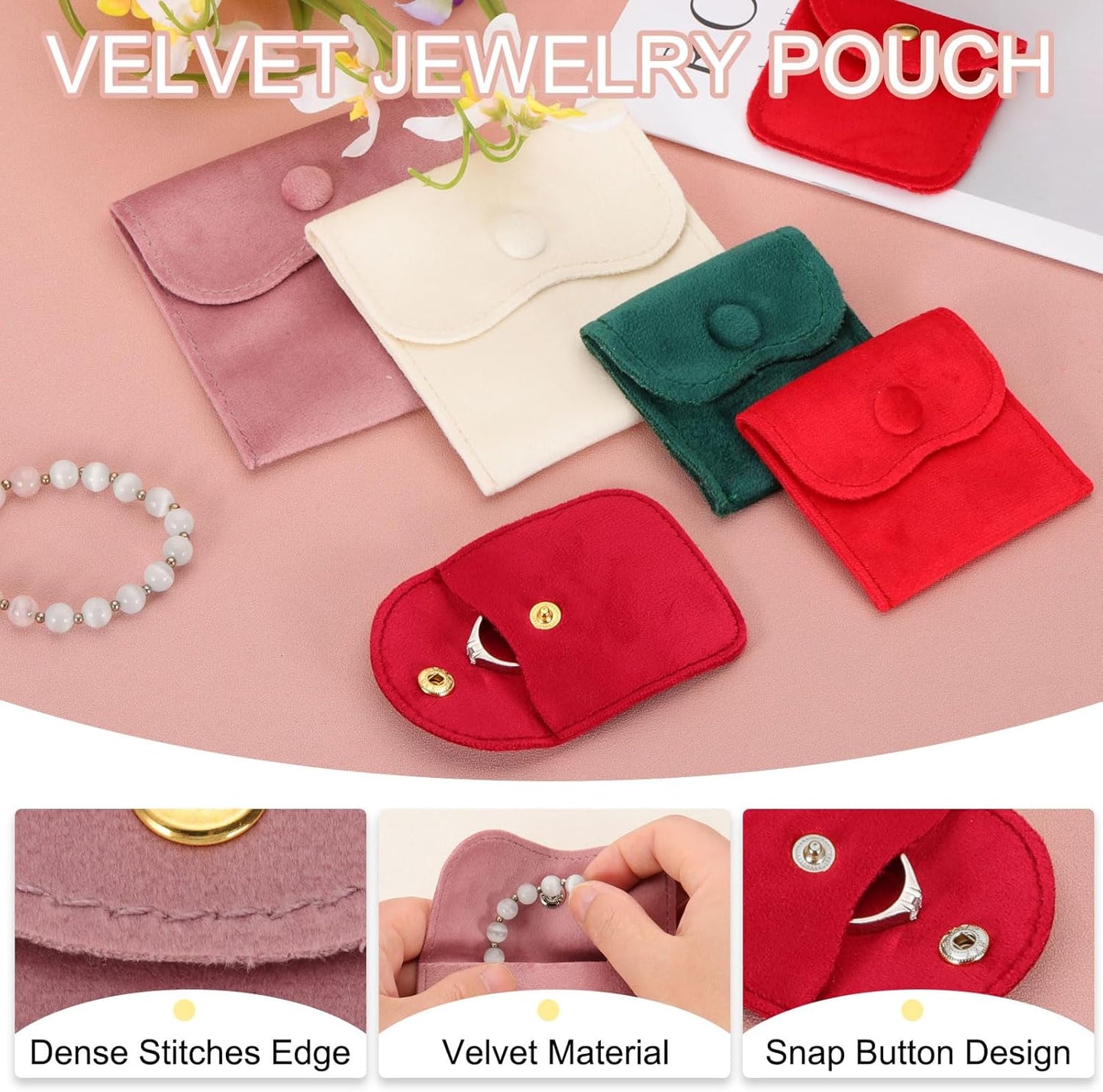 3x3 Inch Velvet Jewelry Pouches, 6 Pcs Packaging Gift Bags with Snap Button for Bracelet Necklace Rings Watch, Beige