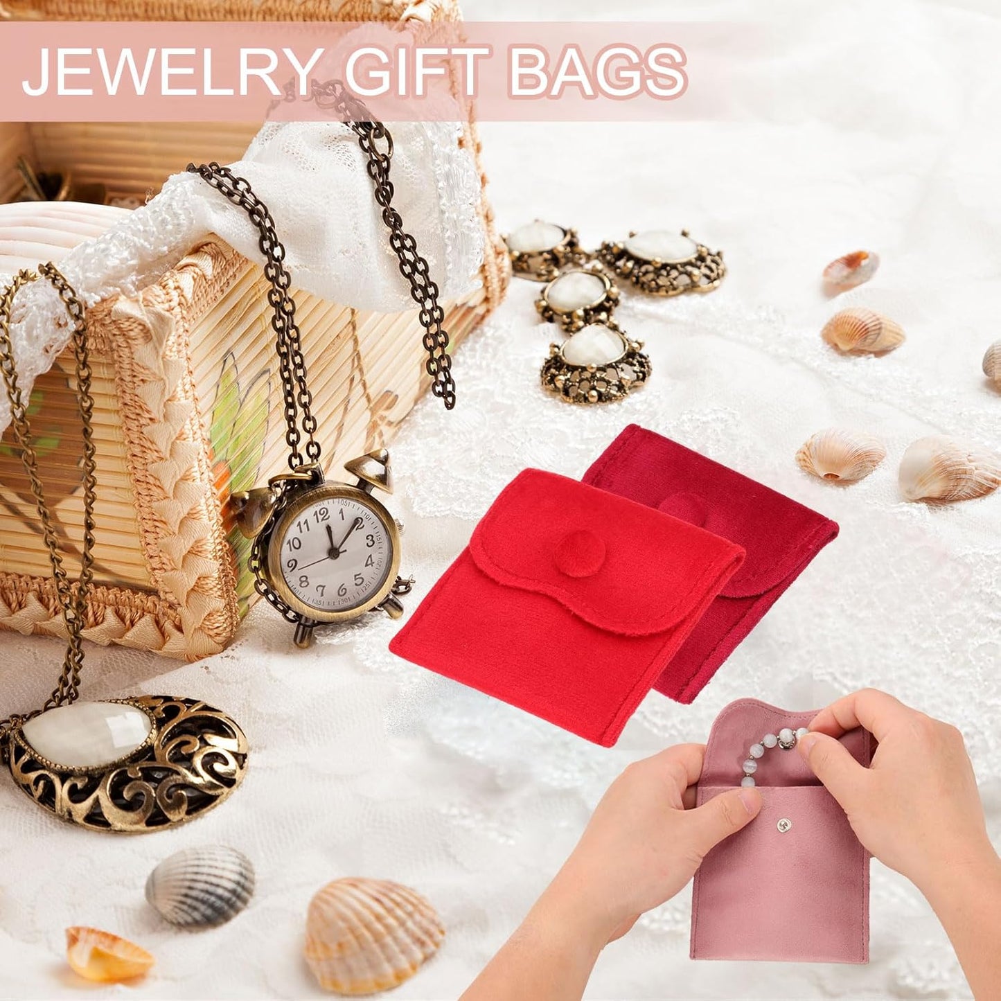 3x3 Inch Velvet Jewelry Pouches, 6 Pcs Packaging Gift Bags with Snap Button for Bracelet Necklace Rings Watch, Beige