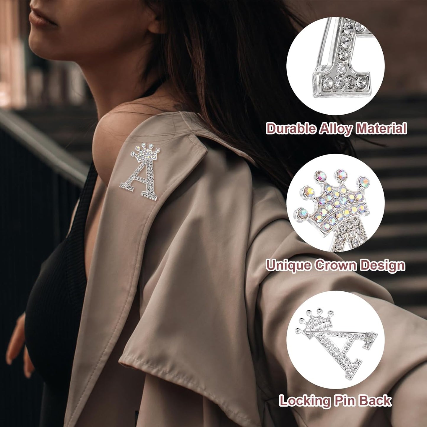 Letter Brooch Pins, Crown Initial Rhinestone Alphabet A Lapel Badges Pin for Women Suits Clothes Craft -