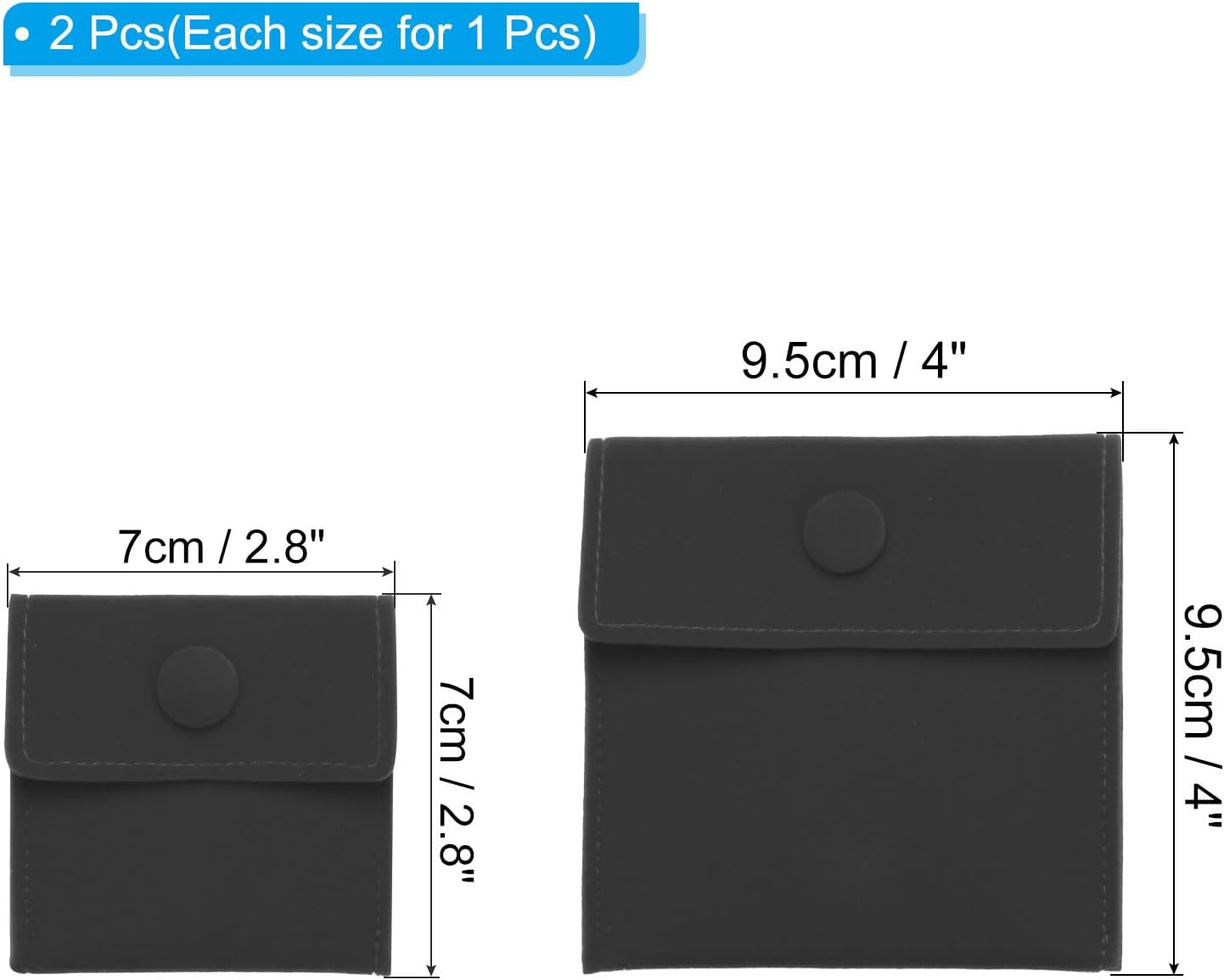 Jewelry Pouch, 2 Pack Soft Velvet Pouches with Snap Button Portable Storage for Rings Necklace Bracelet Earring Watch, Black(3x3, 4x4) Black -