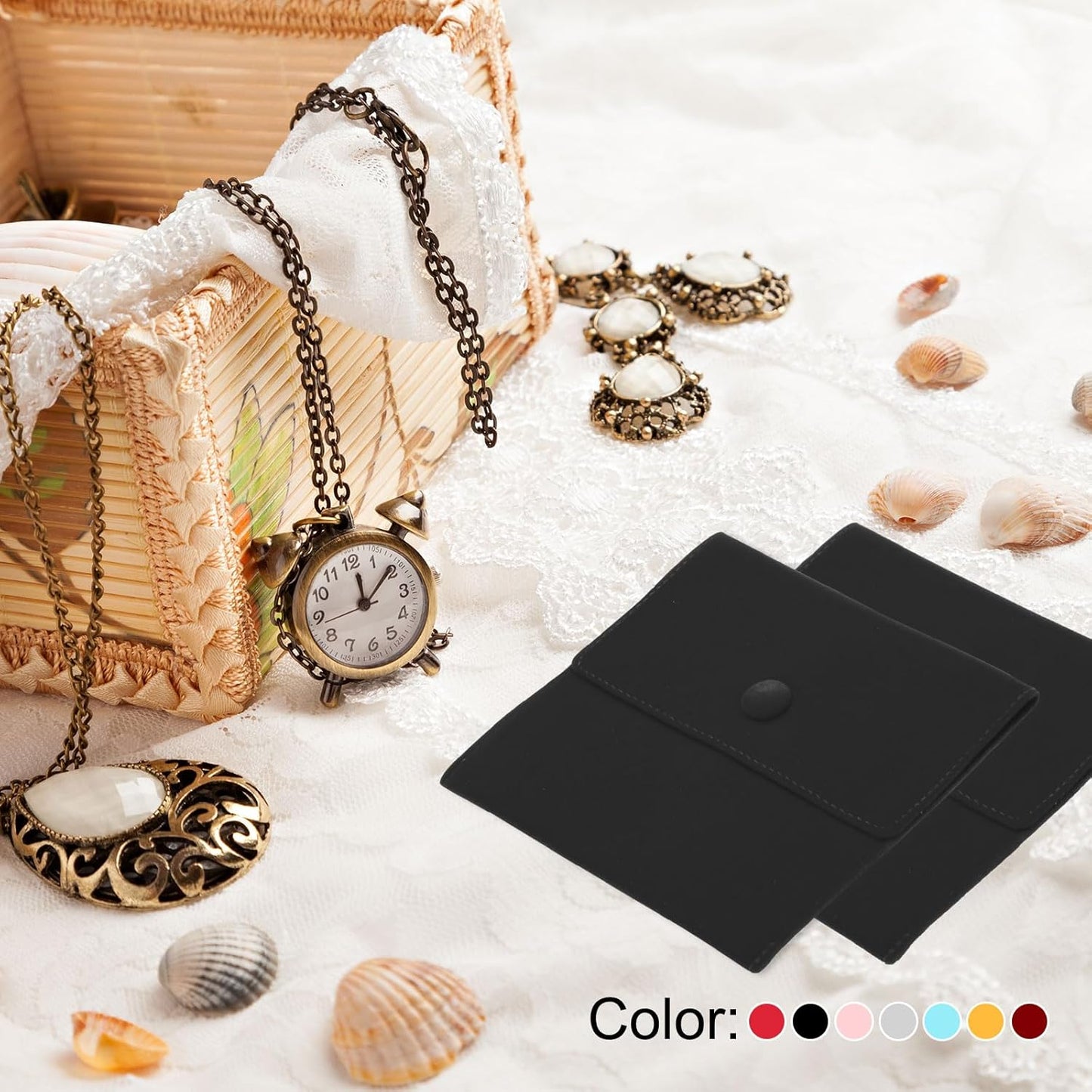 Jewelry Pouch, 2 Pack Soft Velvet Pouches with Snap Button Portable Storage for Rings Necklace Bracelet Earring Watch, Black(3x3, 4x4) Black -
