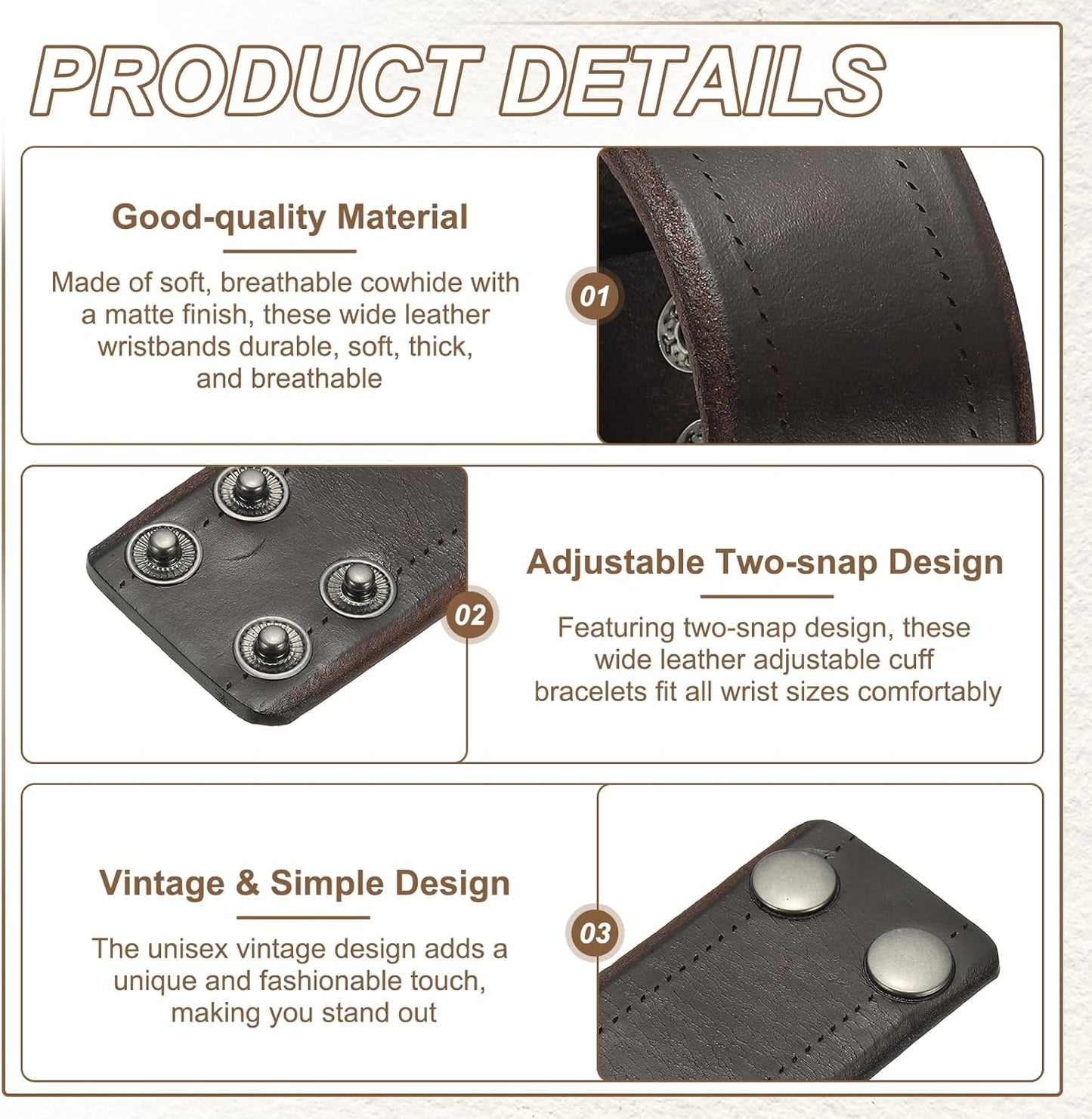 Wide Simple Leather Wristbands, Vintage Adjustable Cuff Bracelets Dark Brown -