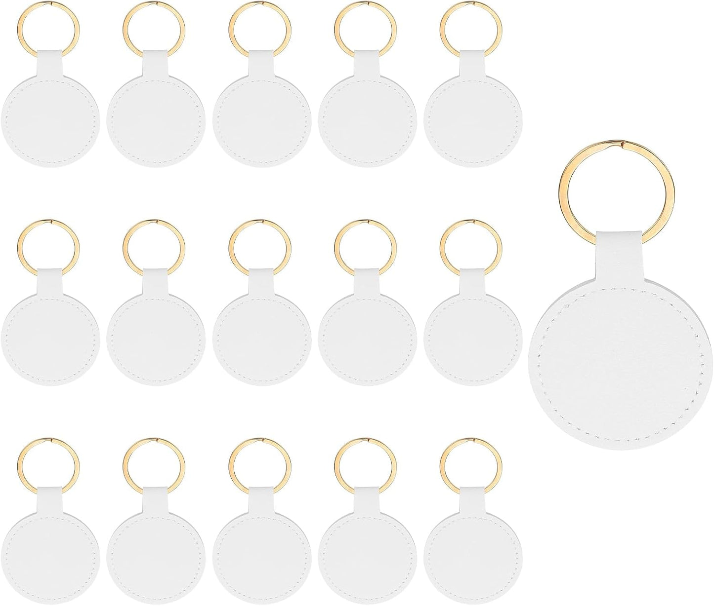 16pcs Leather Keychain Blanks,50mm Sublimation Blanks PU Key Chain Keyring with Rings,Round White -