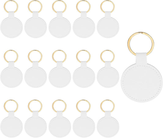 16pcs Leather Keychain Blanks,50mm Sublimation Blanks PU Key Chain Keyring with Rings,Round White -