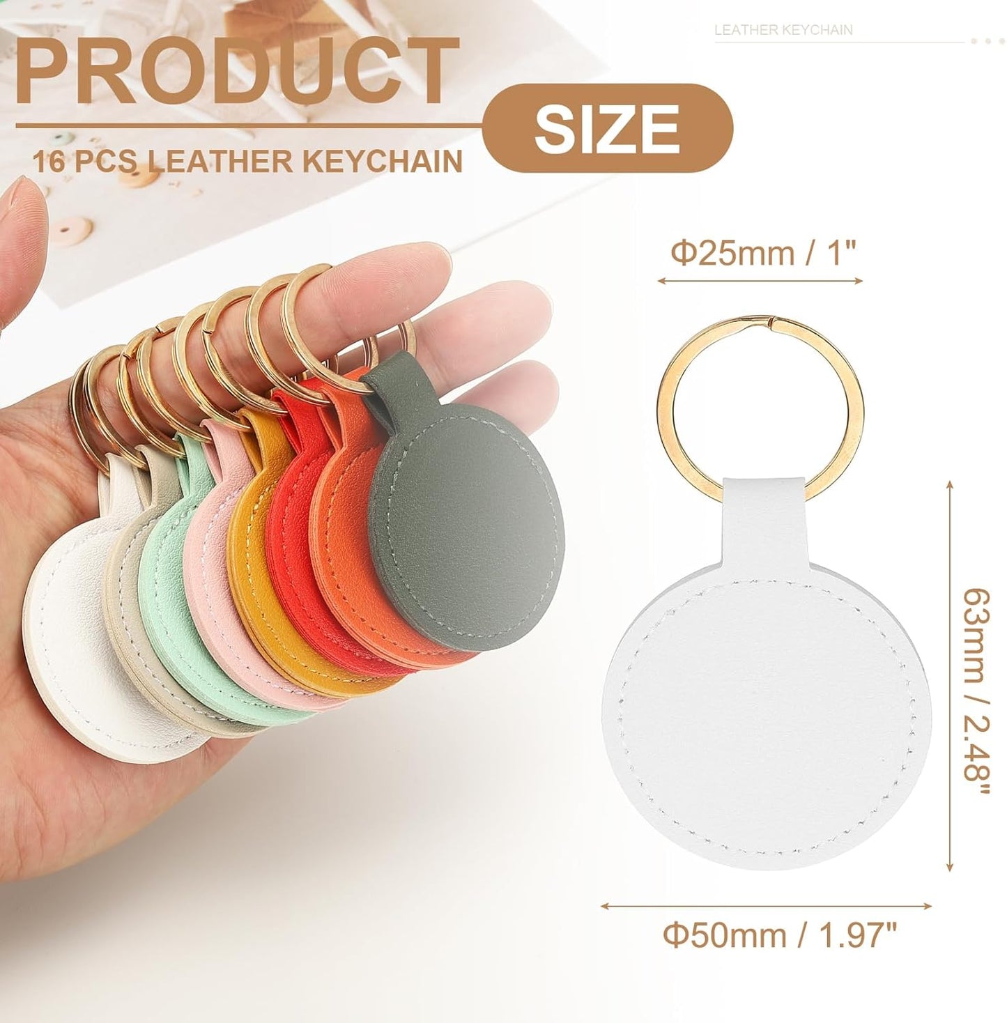 16pcs Leather Keychain Blanks,50mm Sublimation Blanks PU Key Chain Keyring with Rings,Round White -
