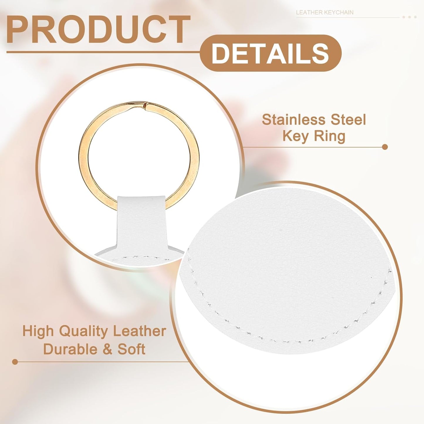 16pcs Leather Keychain Blanks,50mm Sublimation Blanks PU Key Chain Keyring with Rings,Round White -