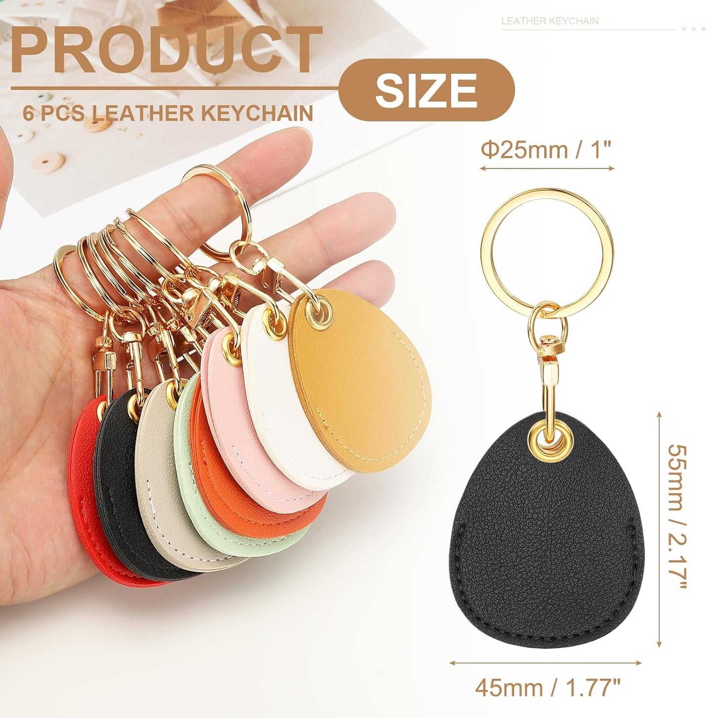 6pcs Leather Keychain Blanks,45mm Sublimation Blanks PU Key Chain Keyring with Rings,Water Drop Black -