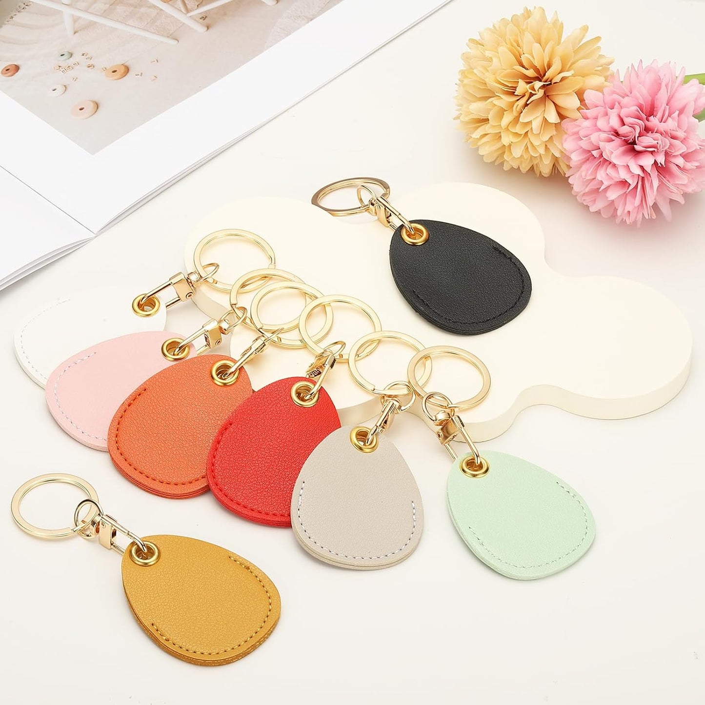 6pcs Leather Keychain Blanks,45mm Sublimation Blanks PU Key Chain Keyring with Rings,Water Drop Black -