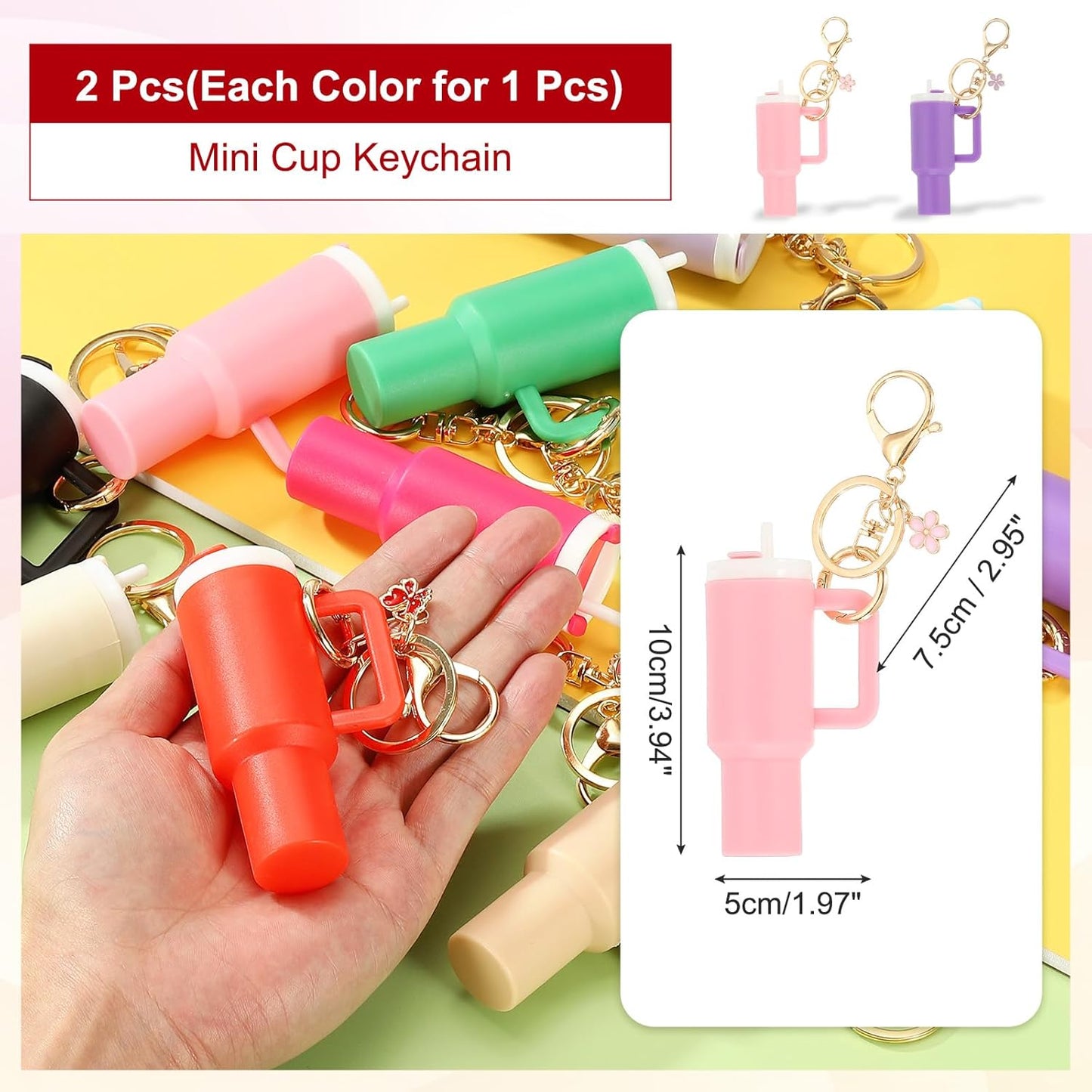 Mini Tumbler Keychain, 2Pcs Cute Cup Keychain Lip Balm Holder Charm Purse, Flower Pink, Dark Purple -