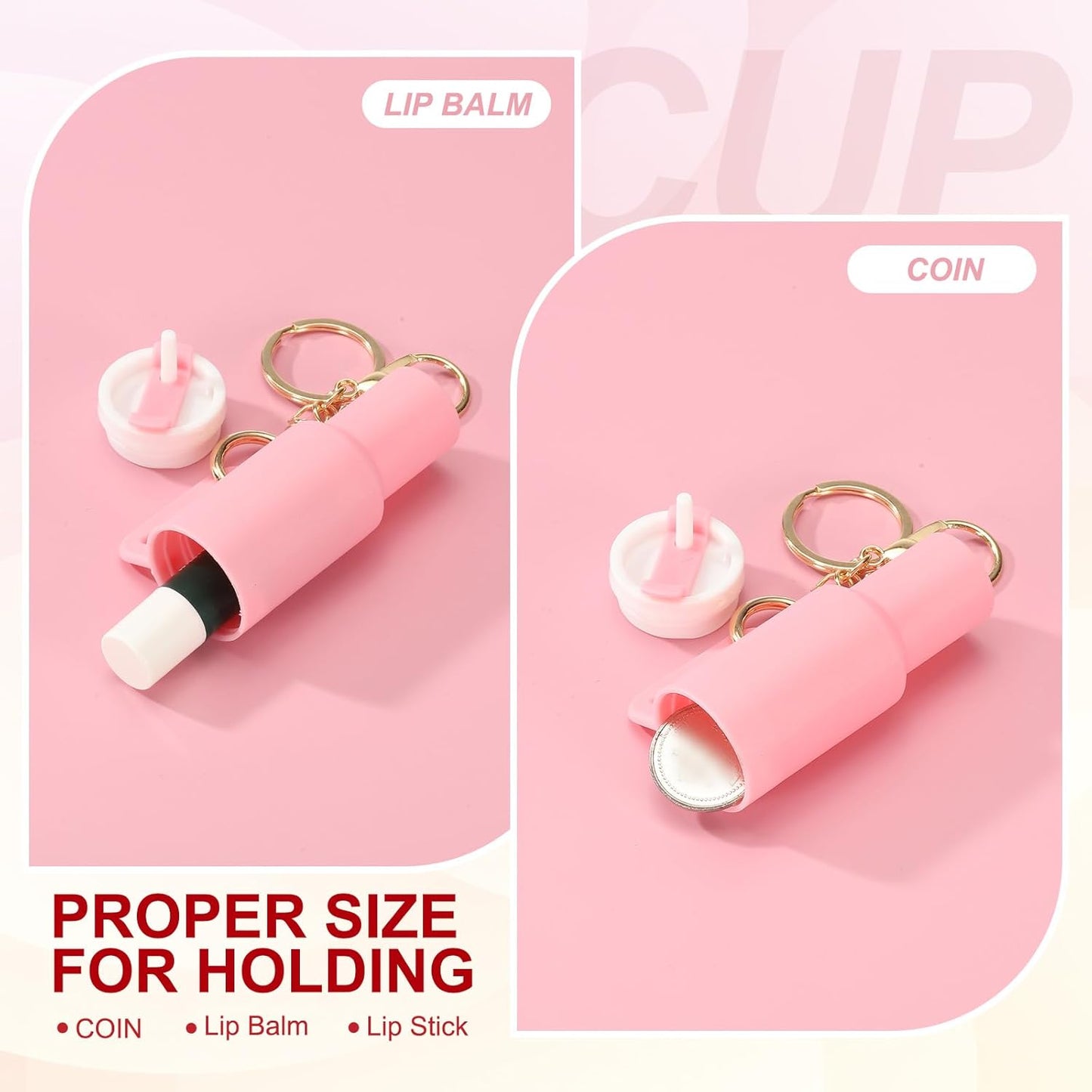 Mini Tumbler Keychain, 2Pcs Cute Cup Keychain Lip Balm Holder Charm Purse, Flower Pink, Dark Purple -