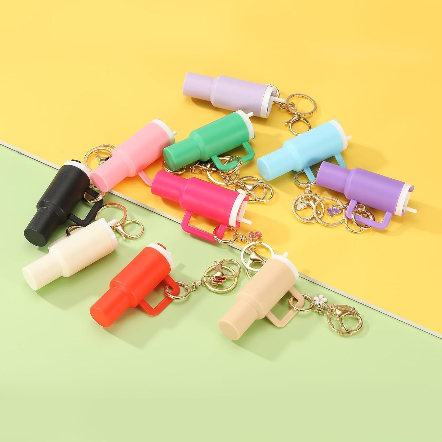 Mini Tumbler Keychain, 2Pcs Cute Cup Keychain Lip Balm Holder Charm Purse, Flower Pink, Dark Purple -