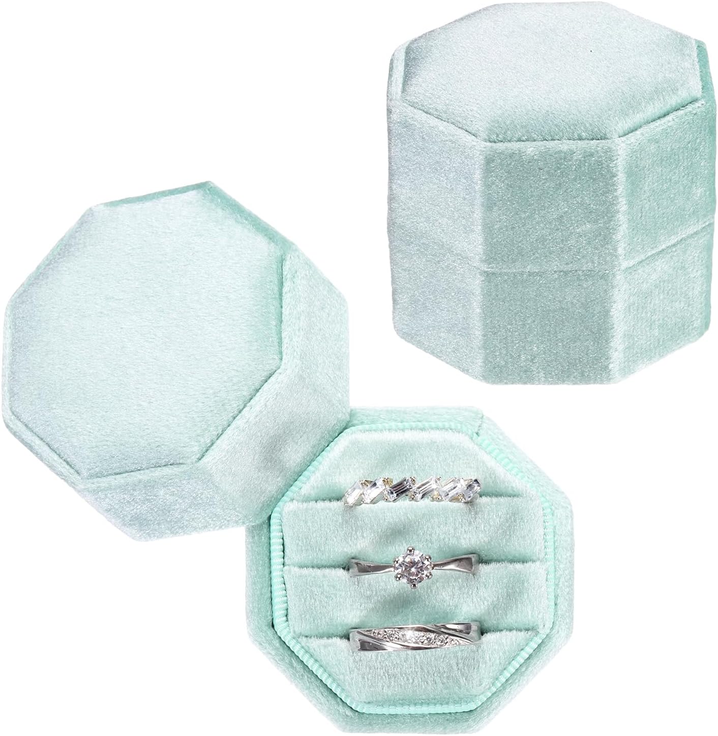 3 Slots Vintage Velvet Ring Boxes, 2 Pack Octagonal Elegant His and Her Wedding Jewelry Organizer Holders for Engagement Proposal Ceremony Anniversary, Light Blue -