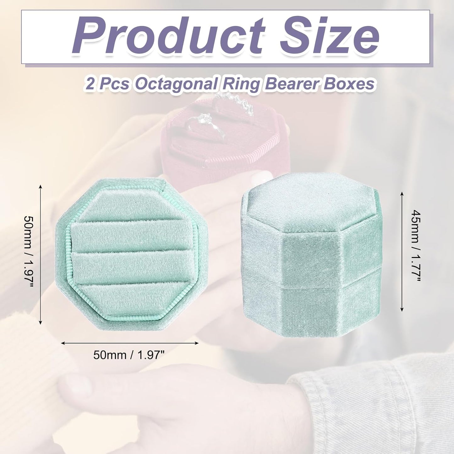 3 Slots Vintage Velvet Ring Boxes, 2 Pack Octagonal Elegant His and Her Wedding Jewelry Organizer Holders for Engagement Proposal Ceremony Anniversary, Light Blue -