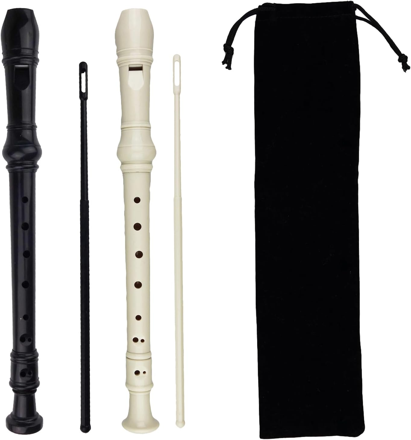 2 Pack German Style 8 Hole-3 Piece Descant Soprano Recorders with Cleaning Rod, Black Storage Bag, ABS Material (Ivory White and Black) Ivory
