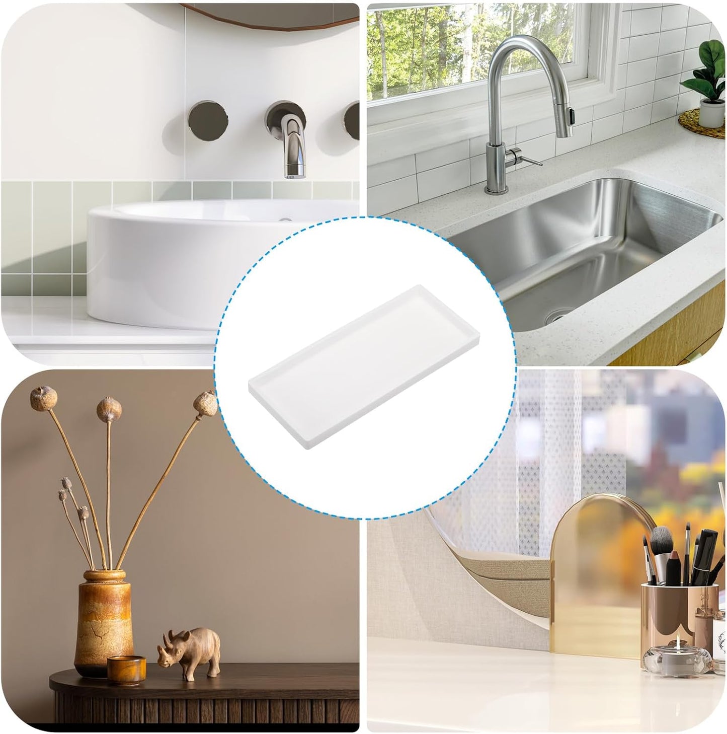 Silicone Bathroom Tray, 12" x 5" Soap Dispenser Tray Jewelry Organizer Dish for Restroom, Dresser, Kitchen Sink Jewelry, Coin, Key, Pure White 11.8" 4.9" 0.8"