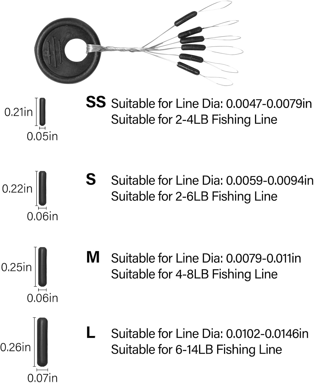 1200pcs Fishing Rubber Bobber Stoppers 6 in 1 Float Sinker Stops Black Oval Cylinder for Line Shape M(4-8LB Line)