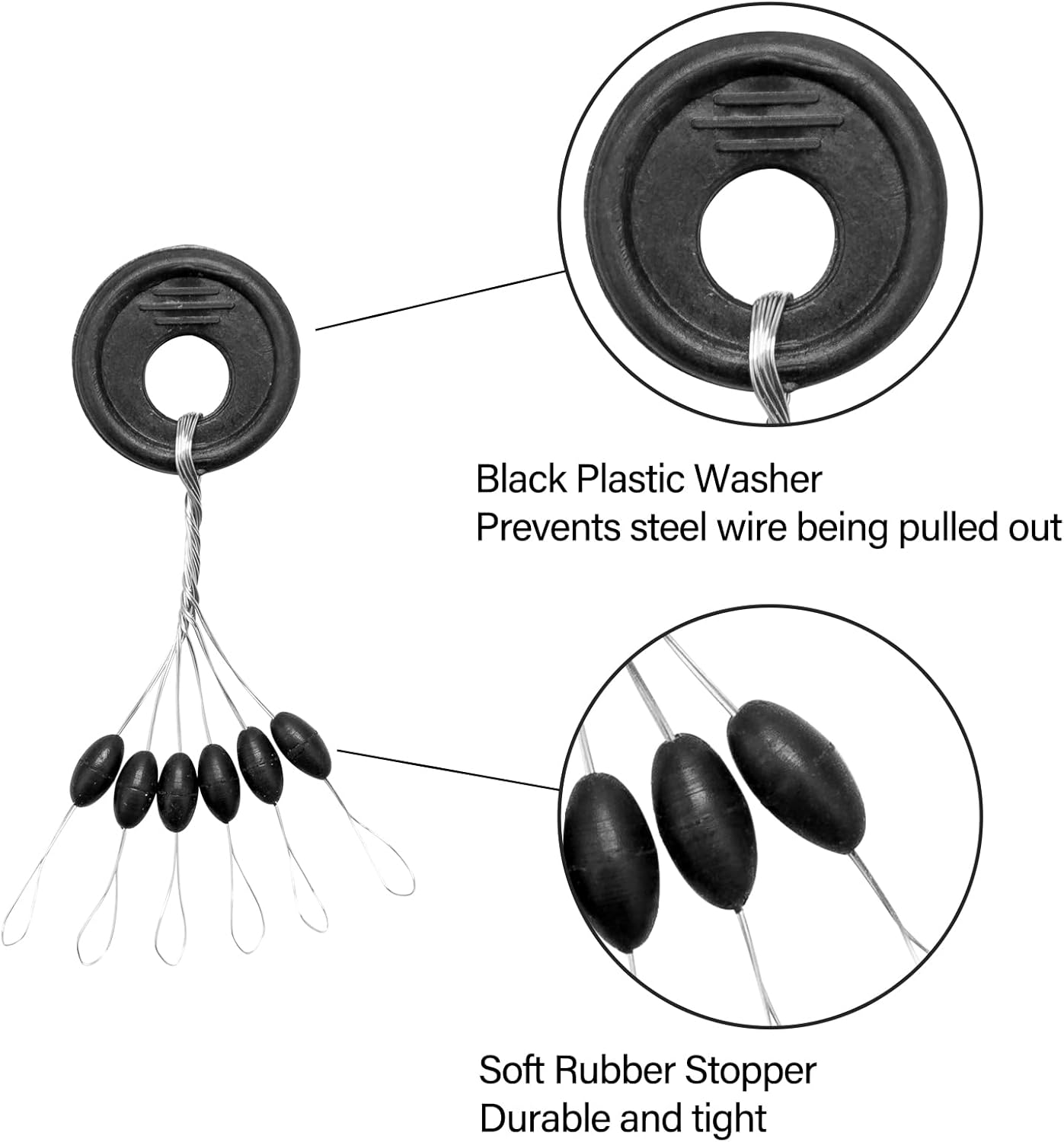 1200pcs Fishing Rubber Bobber Stoppers 6 in 1 Float Sinker Stops Black Oval Cylinder for Line Shape M(4-8LB Line)