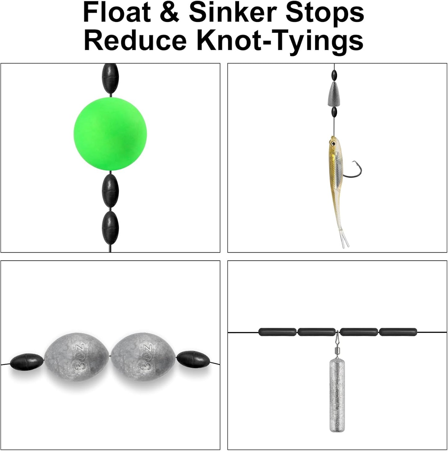 1200pcs Fishing Rubber Bobber Stoppers 6 in 1 Float Sinker Stops Black Oval Cylinder for Line Shape M(4-8LB Line)