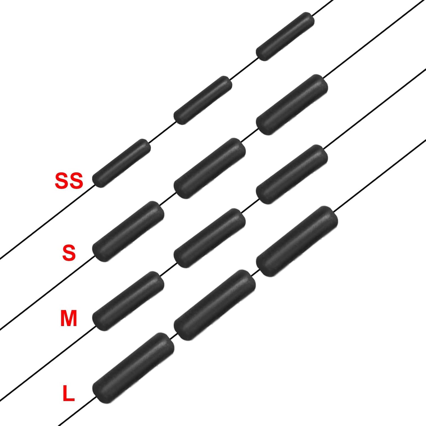 1200pcs Fishing Rubber Bobber Stoppers 6 in 1 Float Sinker Stops Black Oval Cylinder for Line Shape M(4-8LB Line)