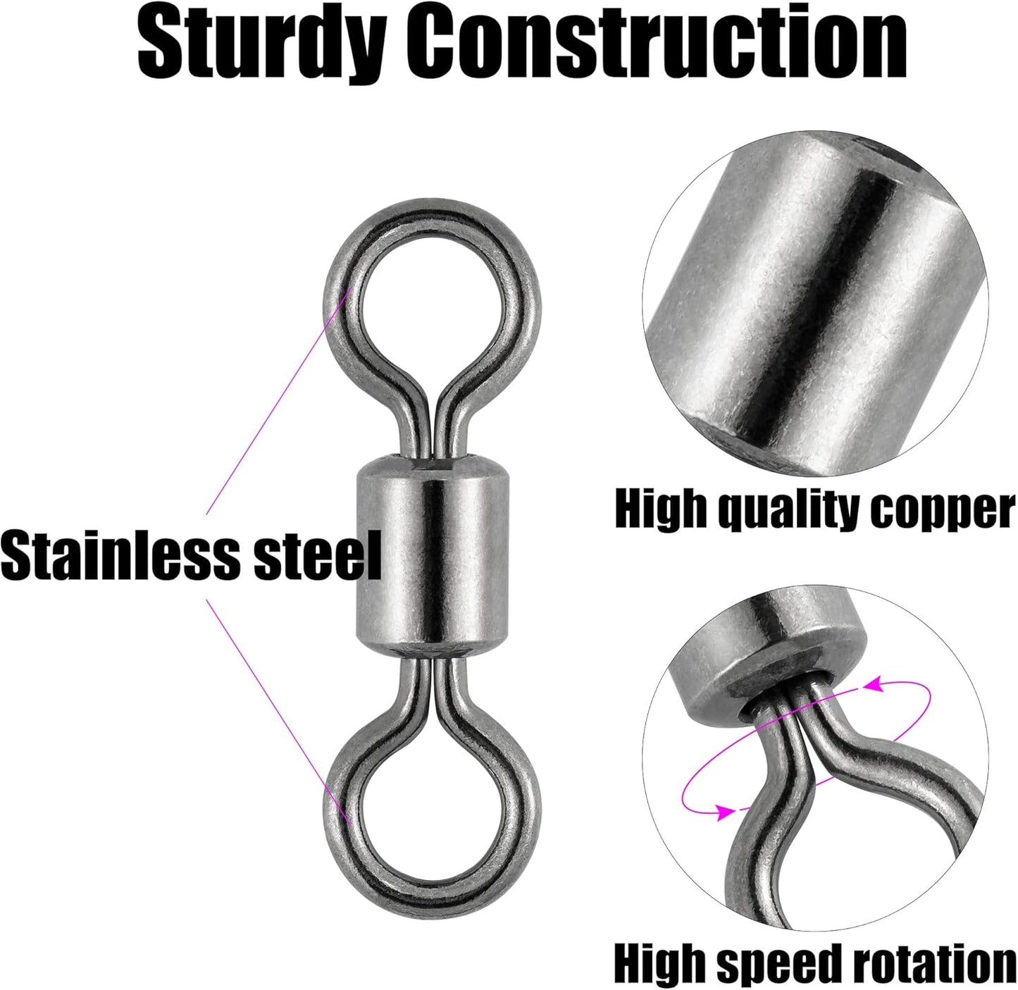 50 Pack Fishing Micro Swivels Fly Rolling Barrel Black Nickel High Strength Solid Rings Hook line Connector - 7mm(20LB)-50pk