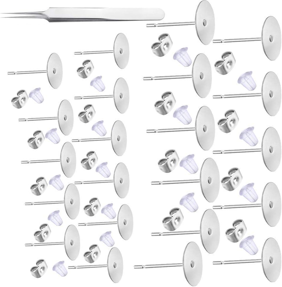 1200 PCS 5MM Hypoallergenic Stainless Steel Earrings Posts Flat Pad Blank Earring Pin Studs with Butterfly Backs and Silicone Bullet for Jewelry Making Findings silver-1200 -