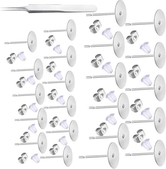 1200 PCS 5MM Hypoallergenic Stainless Steel Earrings Posts Flat Pad Blank Earring Pin Studs with Butterfly Backs and Silicone Bullet for Jewelry Making Findings silver-1200 -