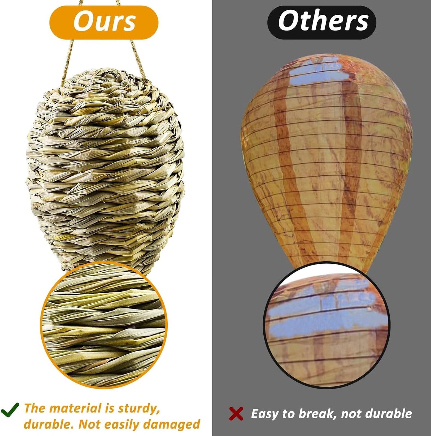 Woven Crochet Wasp Nest Decoy, Waterproof Faux Hanging Hornets Hive Nests Artificial Fake Decoy Decoration for Patio Eaves Yard Home Yellow-weed-2pcs-10×4In -