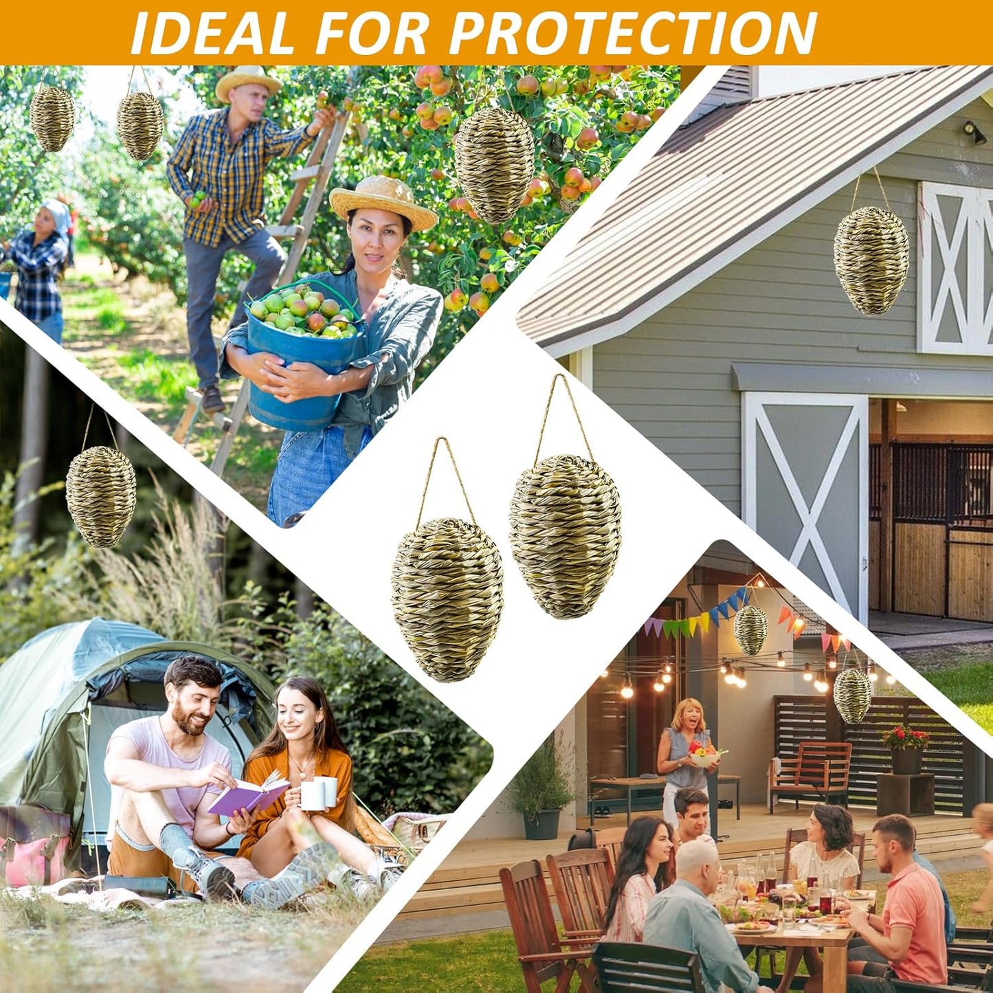 Woven Crochet Wasp Nest Decoy, Waterproof Faux Hanging Hornets Hive Nests Artificial Fake Decoy Decoration for Patio Eaves Yard Home Yellow-weed-2pcs-10×4In -