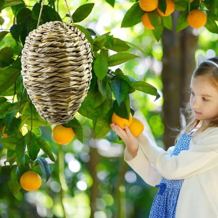 Woven Crochet Wasp Nest Decoy, Waterproof Faux Hanging Hornets Hive Nests Artificial Fake Decoy Decoration for Patio Eaves Yard Home Yellow-weed-2pcs-10×4In -
