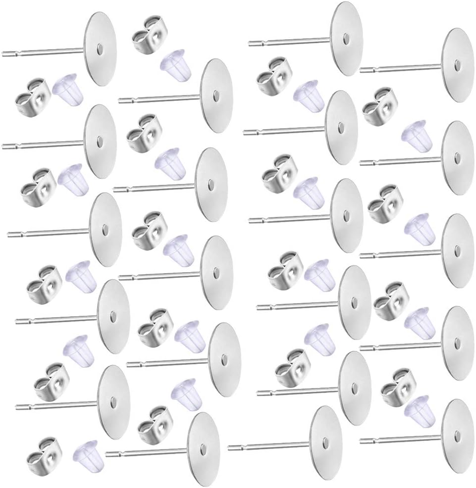600 PCS 8MM Hypoallergenic Stainless Steel Earrings Posts Flat Pad Blank Pin Studs with Butterfly Earring Backs and Silicone Bullet for Jewelry Making Findings -