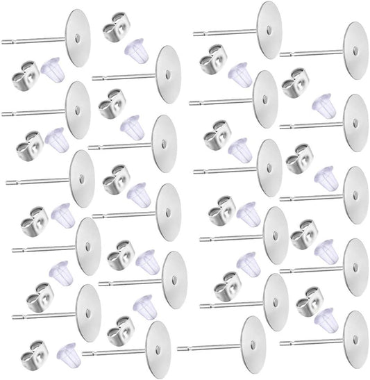 600 PCS 8MM Hypoallergenic Stainless Steel Earrings Posts Flat Pad Blank Pin Studs with Butterfly Earring Backs and Silicone Bullet for Jewelry Making Findings -