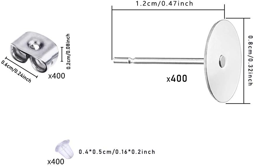 600 PCS 8MM Hypoallergenic Stainless Steel Earrings Posts Flat Pad Blank Pin Studs with Butterfly Earring Backs and Silicone Bullet for Jewelry Making Findings -