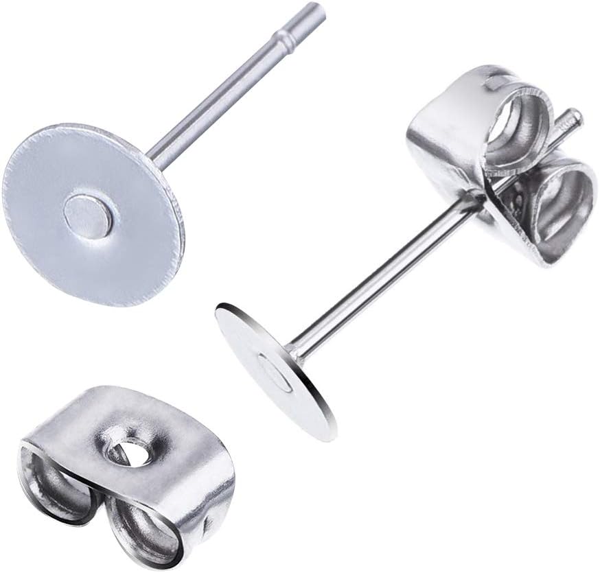 600 PCS 8MM Hypoallergenic Stainless Steel Earrings Posts Flat Pad Blank Pin Studs with Butterfly Earring Backs and Silicone Bullet for Jewelry Making Findings -