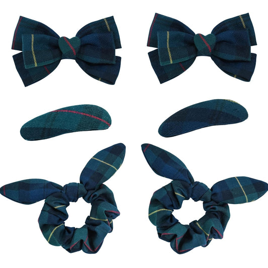 6pcs Uniform Hair Accessories for Girls, 2 Back to School Bows Clip Plaid Bunny Ear Bowknot Scrunchies Snap Barrettes Long Tail Bow Set Toddler Little Girl (Dark Green, Navy, Yellow, Red) -