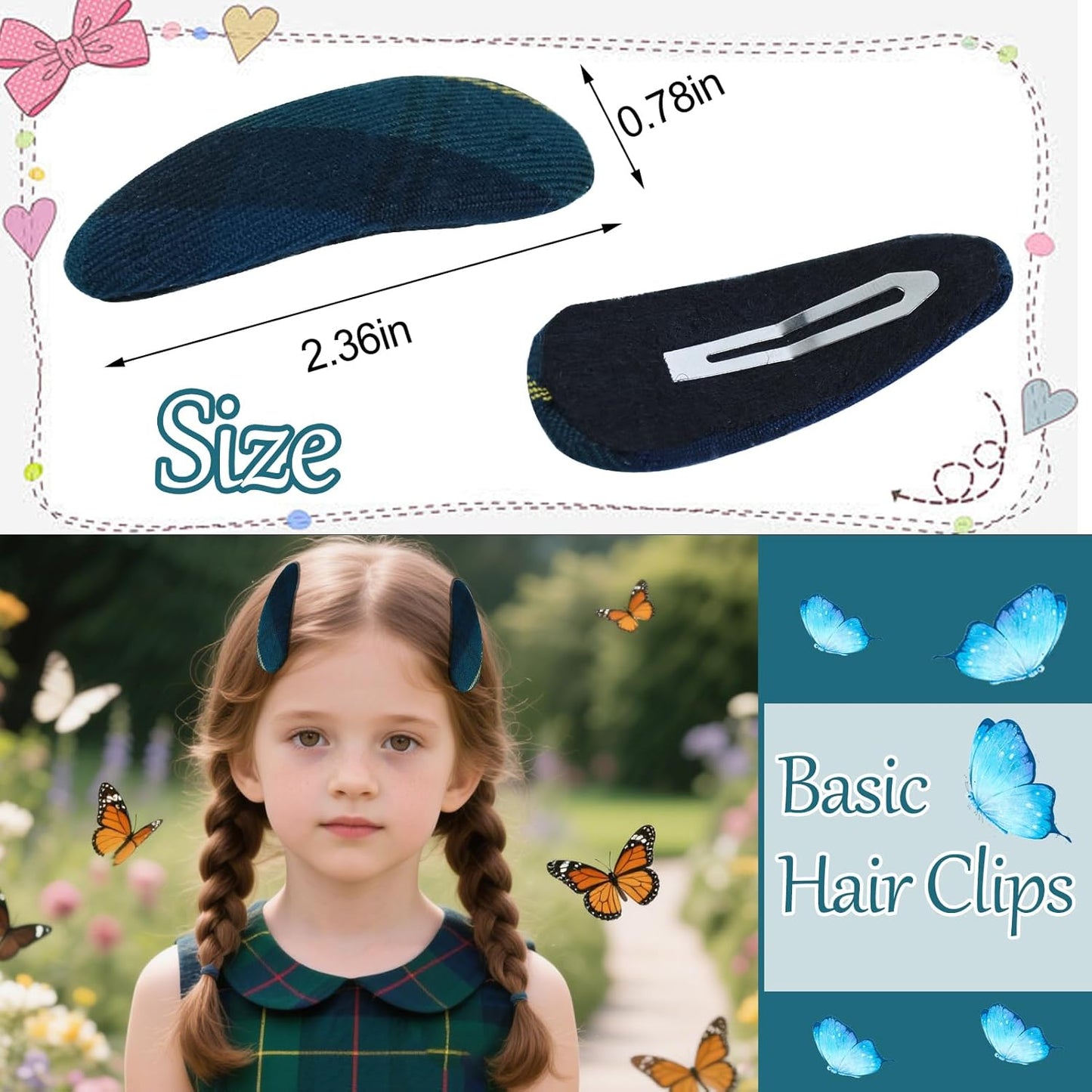 6pcs Uniform Hair Accessories for Girls, 2 Back to School Bows Clip Plaid Bunny Ear Bowknot Scrunchies Snap Barrettes Long Tail Bow Set Toddler Little Girl (Dark Green, Navy, Yellow, Red) -