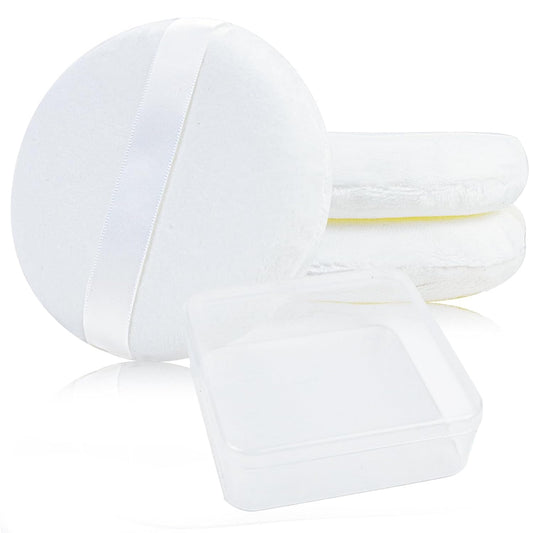 3 Pack Extra Large Body Powder Puff and Container, Soft Cotton Puffs 4.13 Inch Dusting Container with Washable Round for Woman Baby Face Loose Powde White-3 -