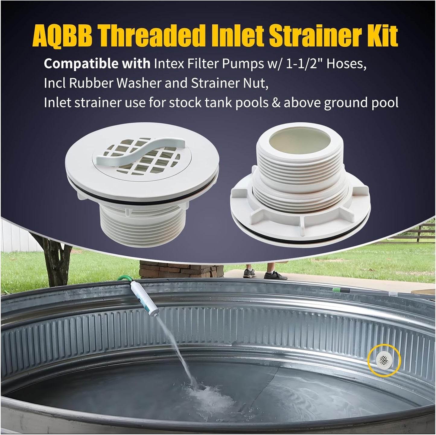 Threaded Inlet Strainer Kit Compatible with Intex Filter Pumps w/ 1-1/2" Hoses,Incl Rubber Washer and Nut,Inlet use for Stock Tank Pools & Above Ground Pool -