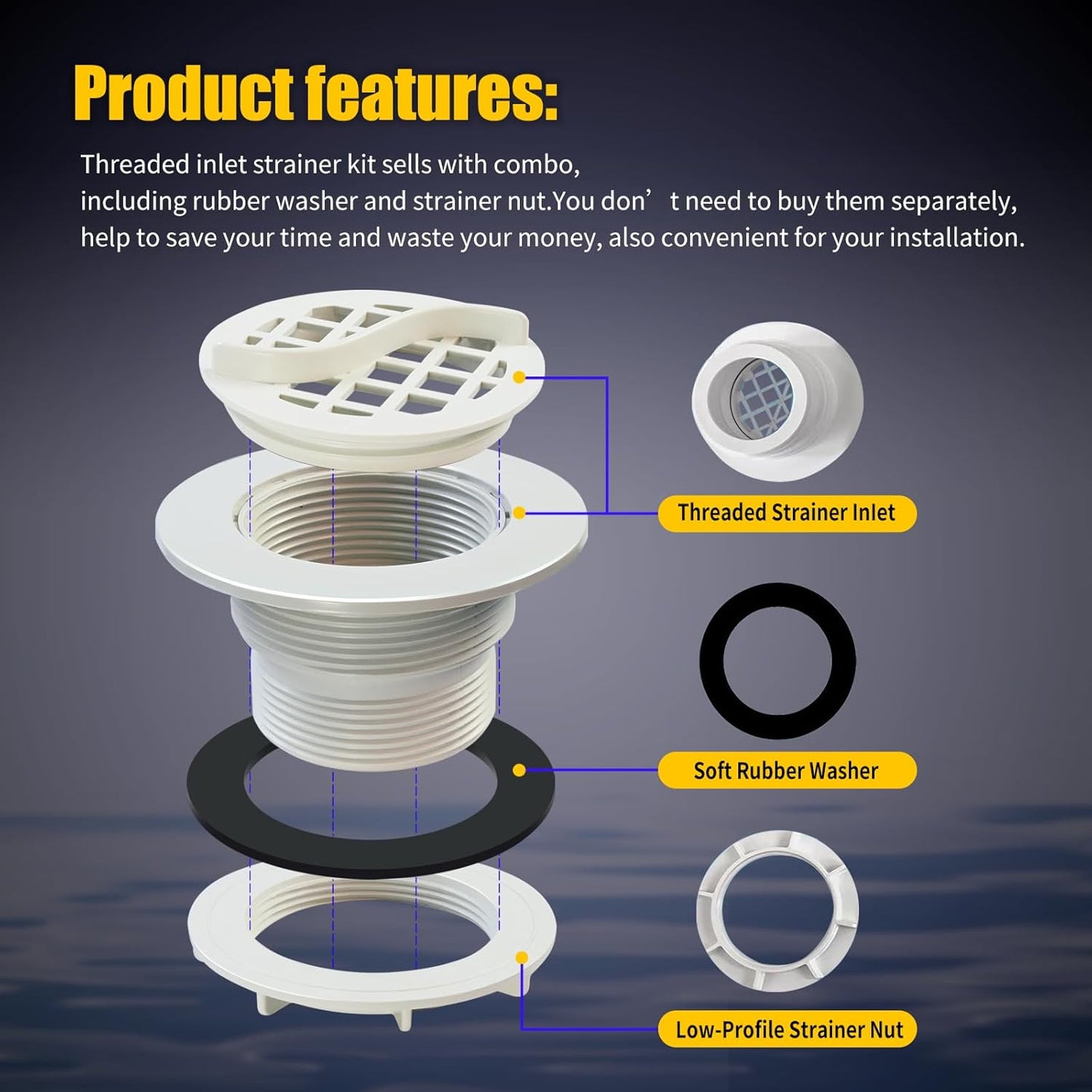 Threaded Inlet Strainer Kit Compatible with Intex Filter Pumps w/ 1-1/2" Hoses,Incl Rubber Washer and Nut,Inlet use for Stock Tank Pools & Above Ground Pool -
