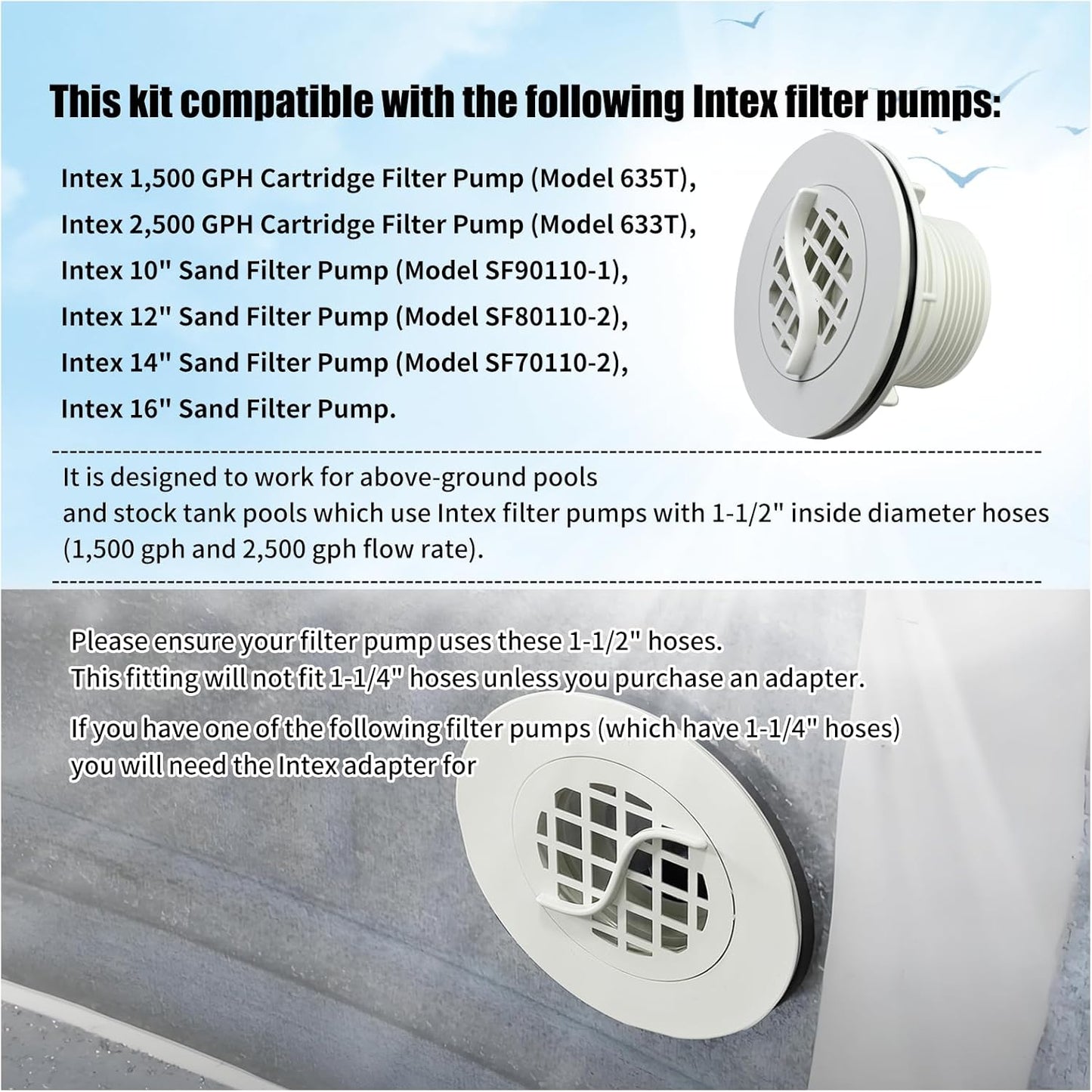 Threaded Inlet Strainer Kit Compatible with Intex Filter Pumps w/ 1-1/2" Hoses,Incl Rubber Washer and Nut,Inlet use for Stock Tank Pools & Above Ground Pool -