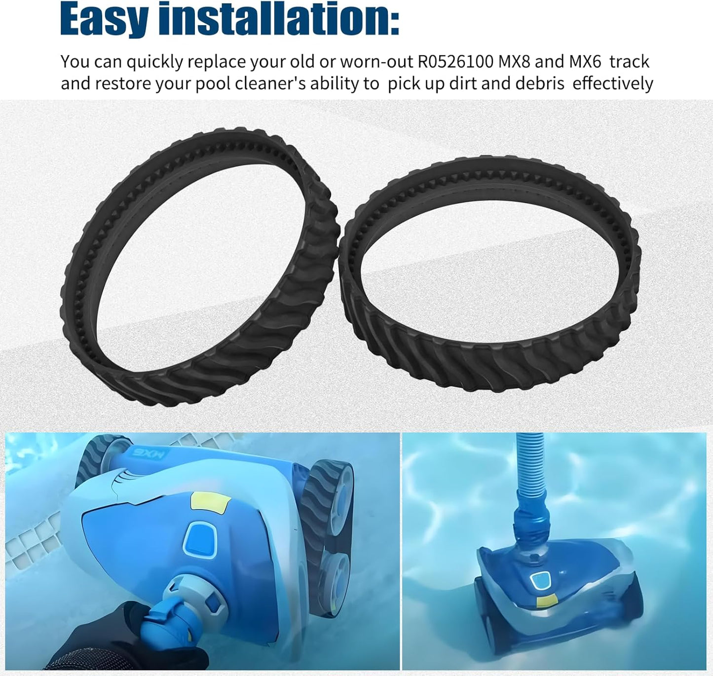 4PCS Pool Cleaner Tracks R0526100 Compatible with Zodiac MX8 / MX6 Elite Models In-Ground Sweeper, Heavy Duty Rubber Tires Baracuda Cleaners, Treads -