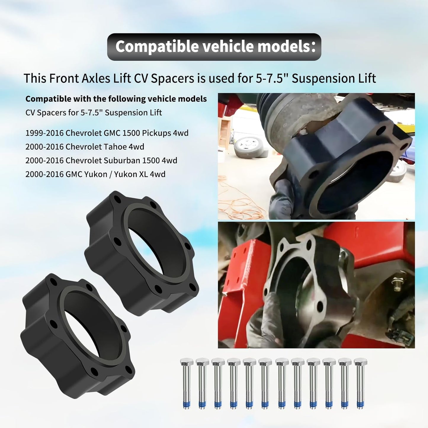 CV Spacers for 5-7.5" Suspension Lift,Front Axles Lift kit Compatible with 99-16 Chevrolet GMC 1500 Pickups 4wd,00-16 Tahoe Suburban 4wd -
