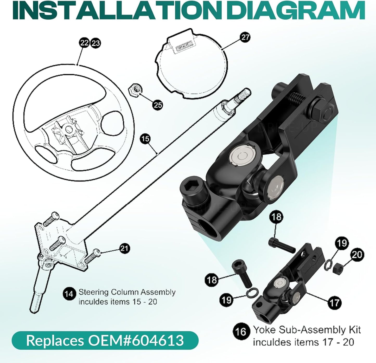 Golf Cart Steering Yoke Assembly for EZGO RXV 2008-up Gas and Electric Models, Replaces OEM 604613 -