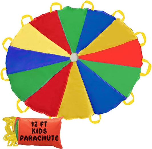 Parachute Kids Play 8FT,10FT,12FT,16FT,20FT for 8-12 Years Game, Party Game Multicolored 12FT with 12 Handles