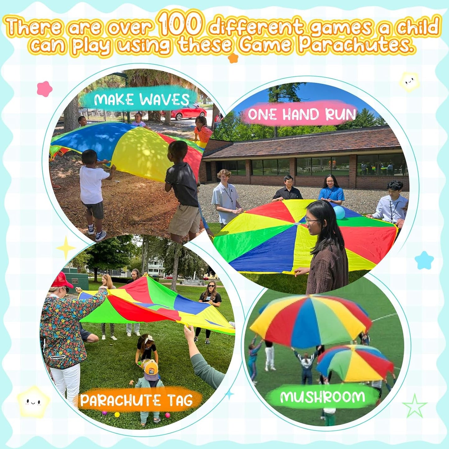 Parachute Kids Play 8FT,10FT,12FT,16FT,20FT for 8-12 Years Game, Party Game Multicolored 12FT with 12 Handles
