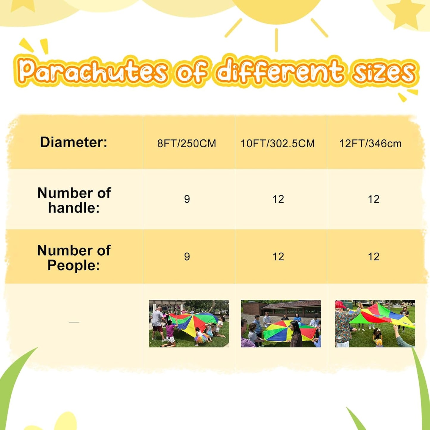 Parachute Kids Play 8FT,10FT,12FT,16FT,20FT for 8-12 Years Game, Party Game Multicolored 12FT with 12 Handles