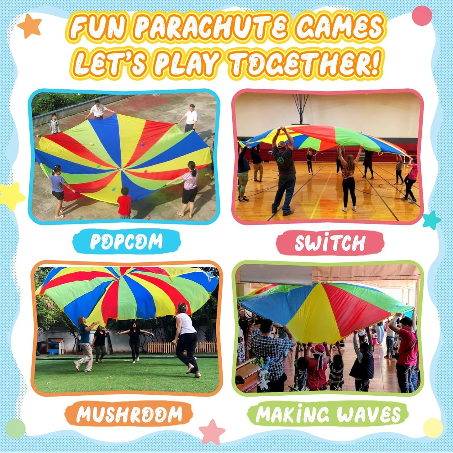 Parachute, Play Parachute 10ft 12ft 16ft with 12 Handles 20ft 24ft 16 for Kids Cooperation Group - 20FT