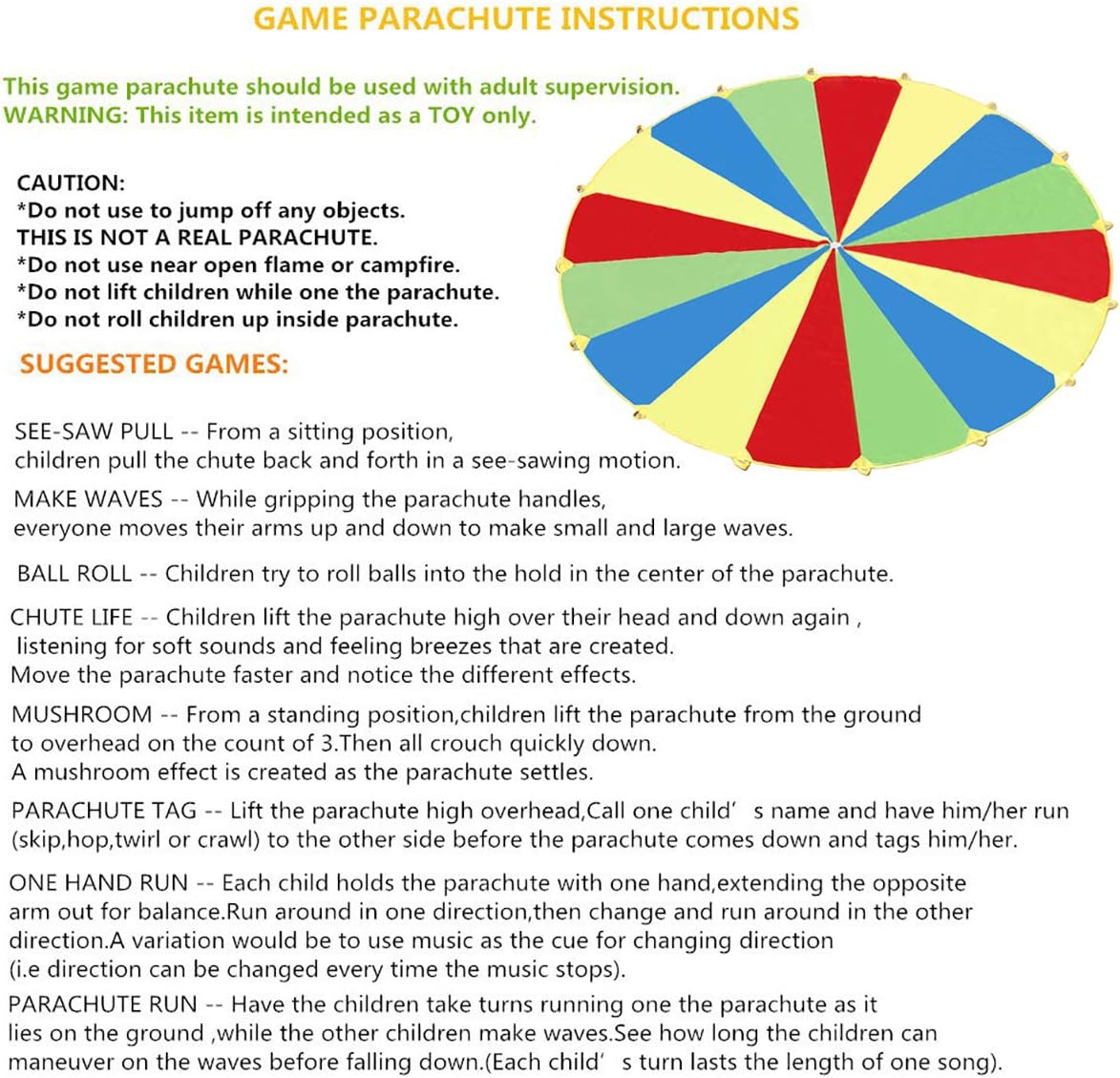 Parachute, Play Parachute 10ft 12ft 16ft with 12 Handles 20ft 24ft 16 for Kids Cooperation Group - 20FT