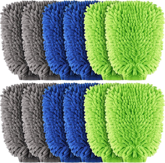 12 Pcs Car Wash Mitts - Chenille Microfiber Scratch Free Ultra Absorbent Sponge Cloths for Cars, Trucks and Boats Regular Size, 7.5'' x 10.2''