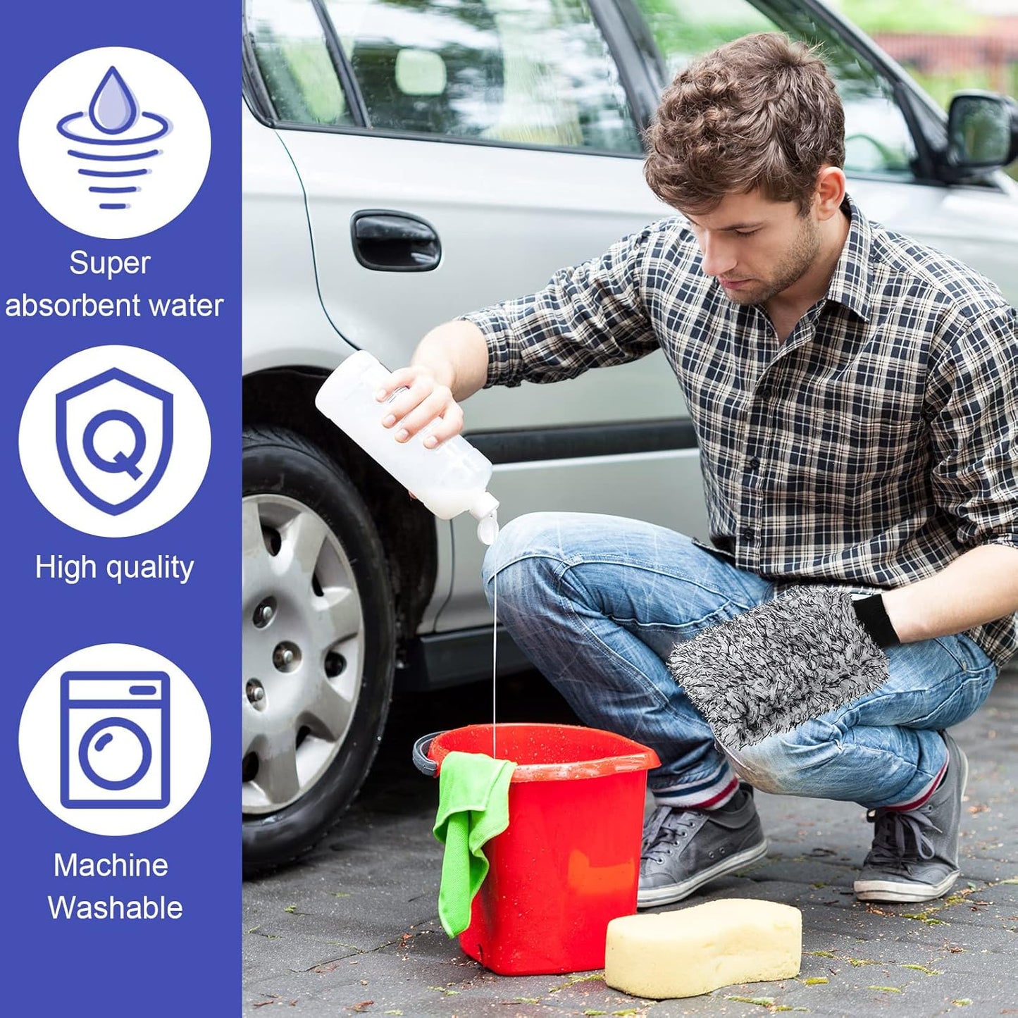 12 Pcs Microfiber Car Wash Mitts, Scratch Free Ultra Absorbent Sponge Glove Cleaner Mitts for Wheel Trucks Home Cleaning (Black and White,Blue White) -